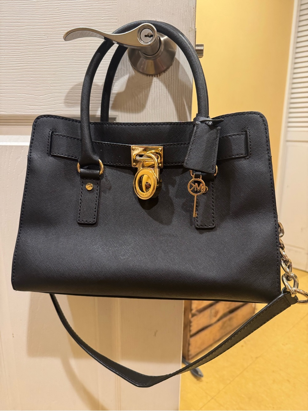 Michael Kors Hamilton Black Saffiano Leather Satchel with Gold Hardware